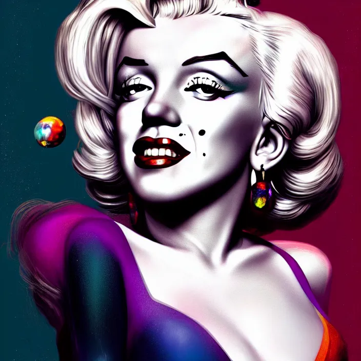 Image similar to portrait of Marilyn Monroe as a harley quinn. intricate abstract. intricate artwork. by Tooth Wu, wlop, beeple, dan mumford. octane render, trending on artstation, greg rutkowski very coherent symmetrical artwork. cinematic, hyper realism, high detail, octane render, 8k, iridescent accents