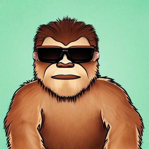 Prompt: Bigfoot sitting in an interview chair wearing sunglasses, photorealistic