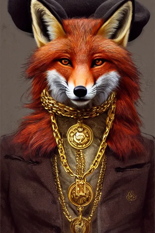 Prompt: highly detailed portrait of an anthro fox wearing a beret and gold chains and brandishing a pistol, big eyes, realistic portrait, symmetrical, highly detailed, digital painting, artstation, concept art, smooth, sharp focus, illustration, cinematic lighting, art by artgerm and greg rutkowski and alphonse mucha