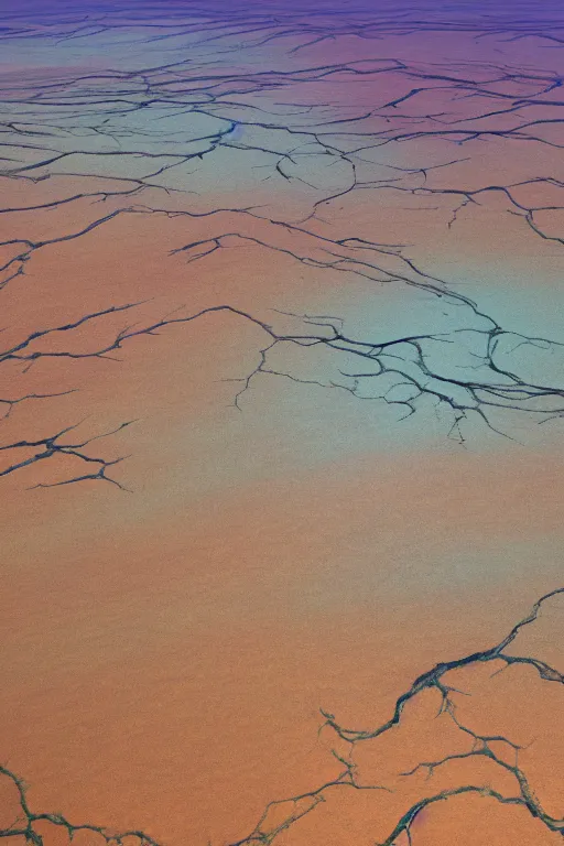 Image similar to realistic full height cinematic rothko picture stunning dry river delta aerial view of dense swampland by denis villeneuve and hiroshi yoshida, highly detailed intricate particle simulation in houdini, distant mountain range, hyperrealism, moorland, matte painting, trending on artstation, 8 k very hight detail, rendered in octane