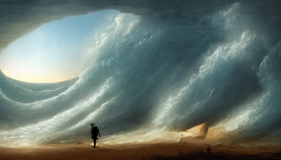 Prompt: a glowing magical portal inside a big wave made of sand fantasy desert, portal, a man watching over, lightning, arabia, by caspar david friedrich by james gilleard and justin gerard, artstation, smooth, sharp focus, by jean baptiste, bernardo bellotto