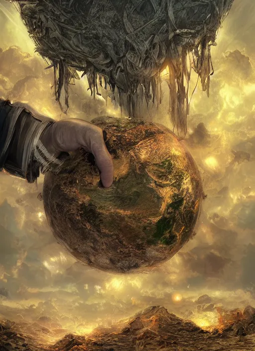 Prompt: destroyed earth held by two hands, digital art, trending on art station, very detailed, detailed background