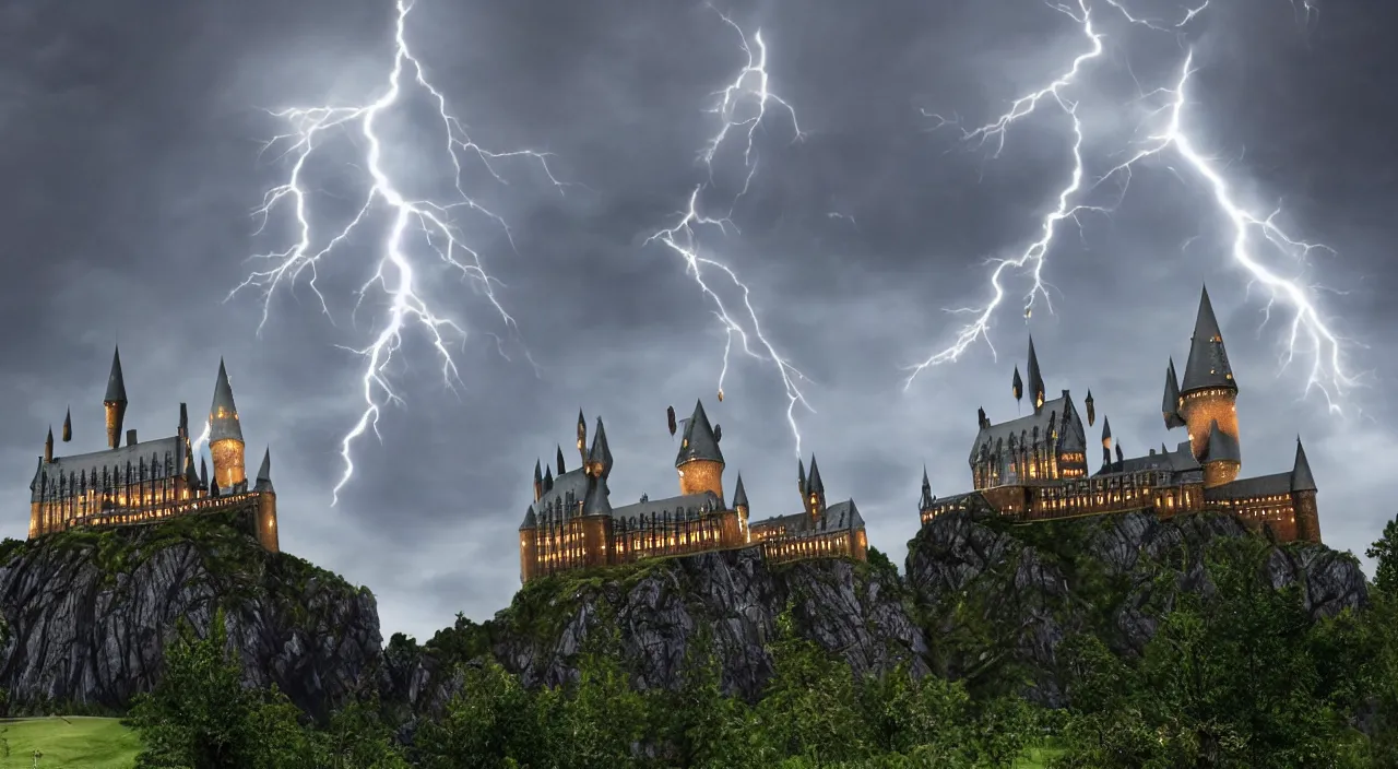 Image similar to slytherin harry potter flying with his wand forward. hogwarts castle and lightning strikes in the background. bad weather