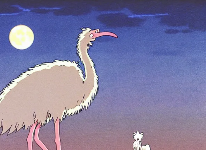 Image similar to a still from a studio ghibli movie of a cartoon ostrich from princess mononoke ( 1 9 9 7 ), in front of a pale full moon, full body, wide shot, very dull muted colors, studio ghibli, highly detailed, deviantart, art by artgem