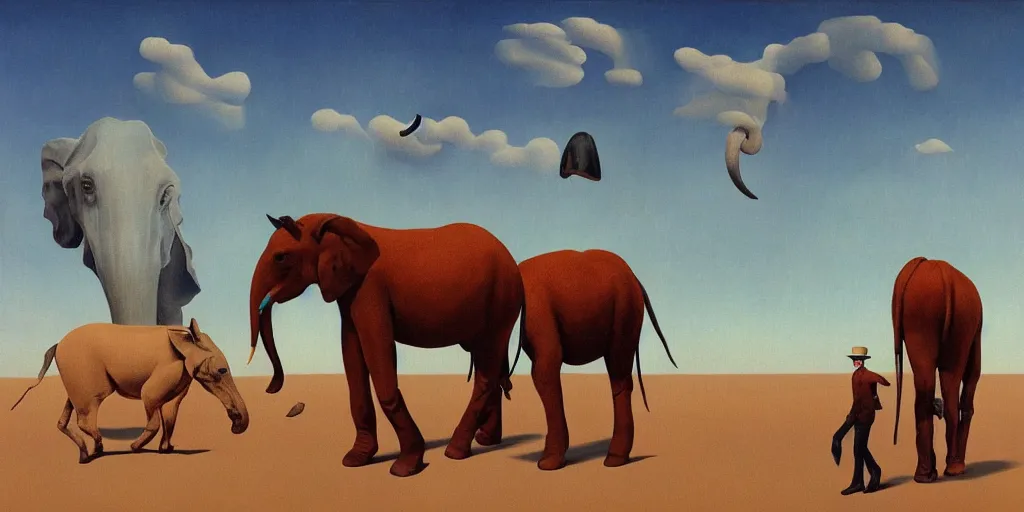 Image similar to Surrealist painting of horses and elephant with giant legs in a strange and curious desert, dali, magritte, Ethereal, artstation, 8k