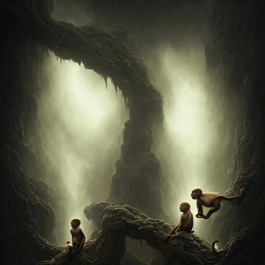 Image similar to epic professional digital art of 🐒🐒 atmospheric lighting, painted, intricate, detailed, foreboding, leesha hannigan, wayne haag, reyna rochin, ignacio fernandez rios, mark ryden, iris van herpen, best on artstation, cgsociety, wlop, pixiv, stunning, gorgeous, much wow, cinematic, masterpiece