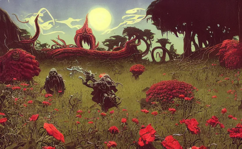 Image similar to cthulhu devouring a meadow with flowers and hedge mazes. lovecraftian horror. highly detailed science fiction painting by norman rockwell, frank frazetta, and syd mead. rich colors, high contrast, gloomy atmosphere, dark background. trending on artstation