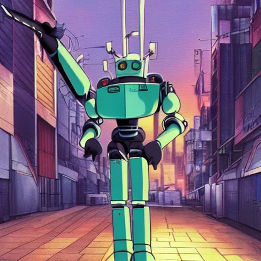 Image similar to A cell animation of a robot playing guitar standing in a futuristic city street, macross, gundam, ghibli style, illustration, anime, trending on artstaion