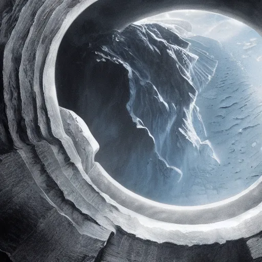 Image similar to hollow earth incredible ethereality insane hyperrealism photo - realistic lifelike photography detail incredible beautiful hollow earth scenery and landscapes, huge opening in the sky with stairs leading to it, by gustave dore and james gurney artstation 8 k