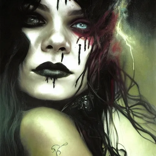 Image similar to beautiful portrait of vanessa hudgens as death from sandman, smiling, by cedric peyravernay, alphonse mucha, by jeremy mann, by lecouffe deharme, goth chic, soft lightning, eyeliner, punk rock, high detailed, 8 k