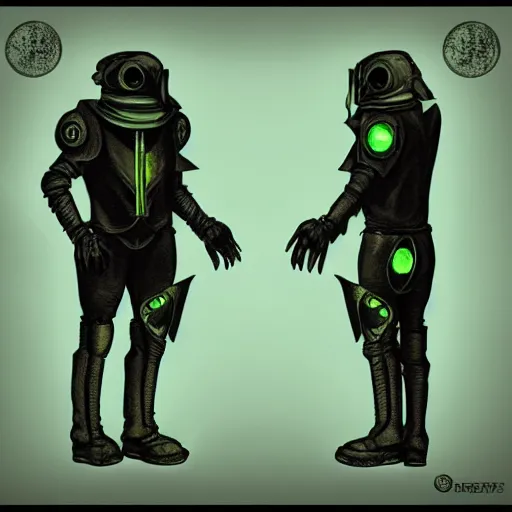 Image similar to sci - fi plague doctor power armor, inhumanly tall, inhumanly thin, black plate clawed hands, plague doctor mask, green glow eyes, green glowing trim, focused, plague, heavy armor, illustration, award winning, digital art, trending on artstation, incredible, highly detailed, fantasy, sci - fi