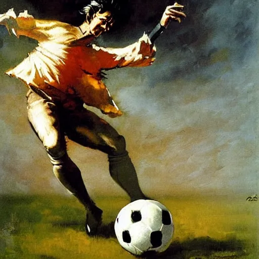 Prompt: mozart kicks soccer ball at beethoven oil painting by frank frazetta by greg rutkowski