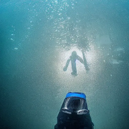 Prompt: underwater photograph of an astronaut exploring deep ocean creatures, eerie