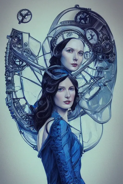 Image similar to in the style of joshua middleton, artgerm, beautiful caitriona balfe, steampunk, full body, blue dress, elegant pose, middle shot, spooky, symmetrical face, symmetrical eyes, detailed realisitc eyes, detailed realistic eyes, detailed and intricate