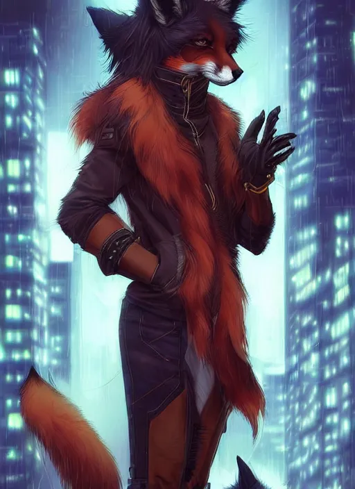 Image similar to award winning beautiful portrait commission of a male furry anthro melanated fox fursona with a tail and a cute beautiful attractive detailed furry face wearing stylish cyberpunk clothes in a cyberpunk city at night while it rains. Character design by charlie bowater, ross tran, artgerm, and makoto shinkai, detailed, inked, western comic book art