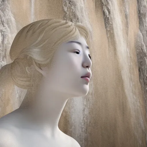 Image similar to Portrait of a 20 year old Japanese Female Woman Goddess of the Multiverse, captivating, rule of thirds, majestic, set on Original modern mural of a flowy thermal waters flowing down white travertine terraces, created by James Jean, octane render, mutiversal tsunami, visually stunning, cinematic, serene, beautiful, printed on reflective chrome canvas