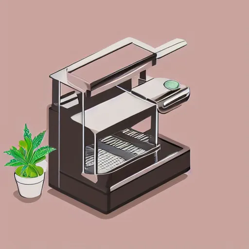 Image similar to isometric cartoon cannabis cafe interior shop axonometric espresso machine, aluminum sheen, few plants in pots, by benoit mandelbrot, cute minimal concept art illustrated by anni albers