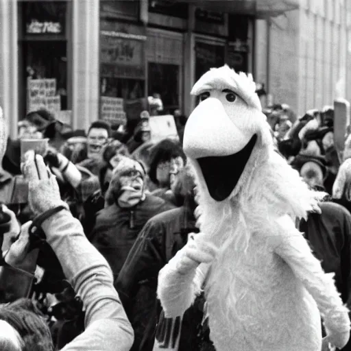 Prompt: a 35mm photo of Big Bird inciting a riot