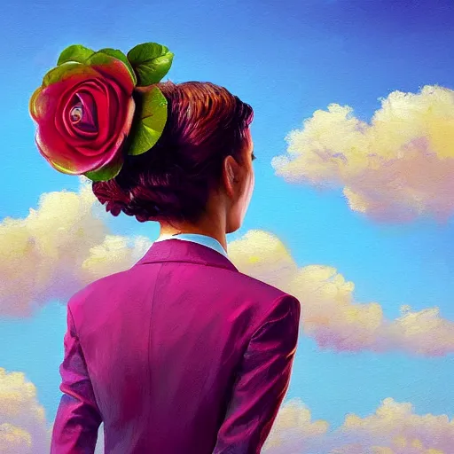 Image similar to closeup, giant rose flower over head, frontal, girl in a suit, surreal photography, sunrise, blue sky, dramatic light, impressionist painting, digital painting, artstation, simon stalenhag