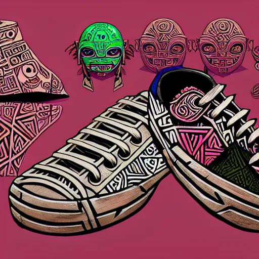 Image similar to detailed sneaker design concept art, aztec mayan street fashion native punk sneaker design, majora's mask, wearing wooden mask, hip hop sneaker design with subtle mayan patterns, gapmoe yandere grimdark, trending on pixiv fanbox, painted by greg rutkowski makoto shinkai takashi takeuchi studio ghibli, akihiko yoshida