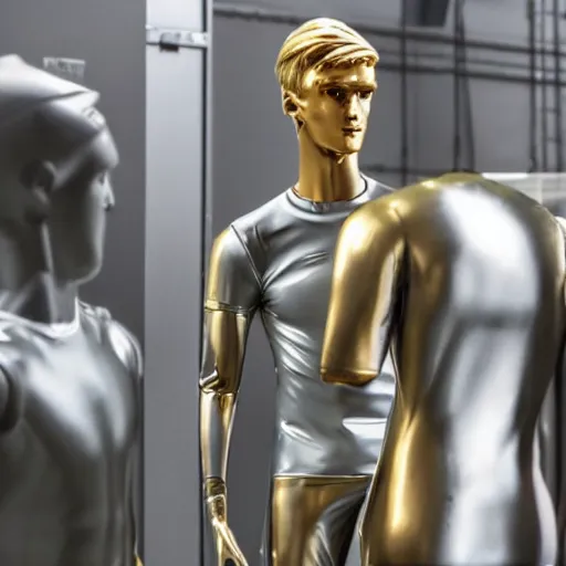 Prompt: a realistic detailed photo of a guy who is an attractive humanoid who is half robot and half humanoid, who is a male android, soccer players martin ødegaard, shiny skin, posing like a statue, blank stare, in a factory, on display, showing off his muscles, gold soccer shorts, side view, looking at each other mindlessly