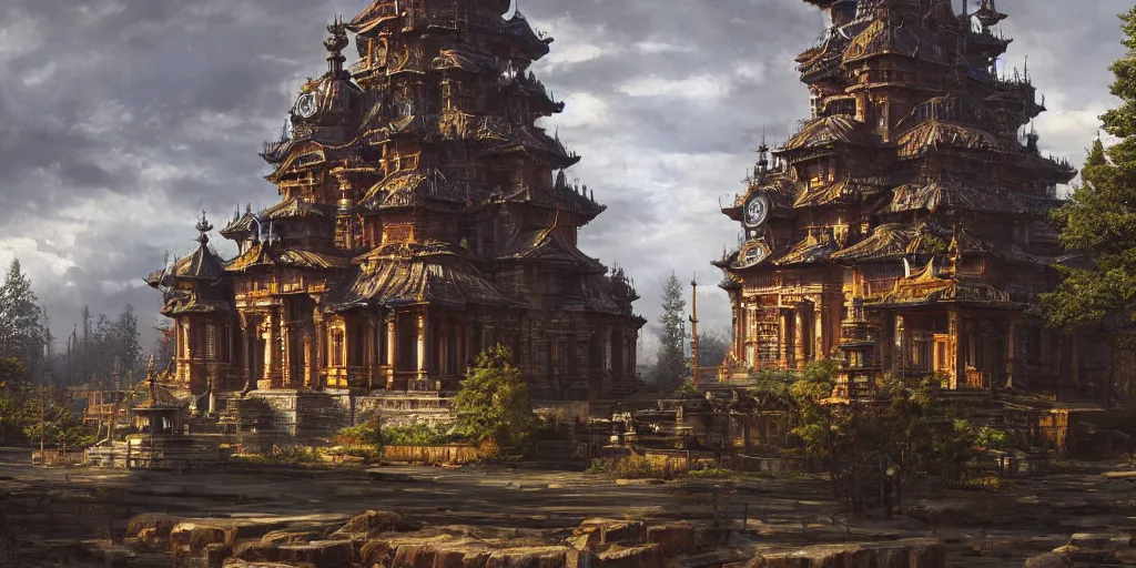 Prompt: a cyberpunk style temple, by ivan shishkin, by james gurney, detailed, atmospheric, 8 k