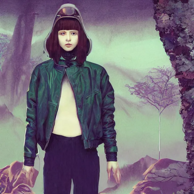 Image similar to portrait of alone androgynous girl wearing bakelite leather jacket, bakelite rocky mountains, moss green japanese haunted forest background, ultrafine hyperdetailed illustration by hsiao - ron cheng and artgerm, modular synthesizer 8 0 s sony stereo helmet backpack, the grand budapest hotel, glow, no crop, digital art, artstation, pop art