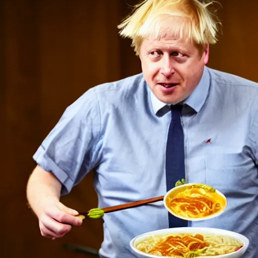 Image similar to boris johnson eating a bowl of ramen