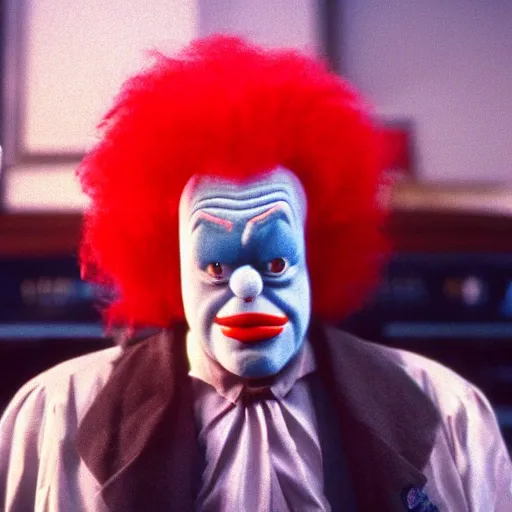 Prompt: still image of krusty the clown from the simpsons in the dark knight, cinematic, anamorphic, 8 0 mm f / 2. 8, real, 3 5 mm film, movie
