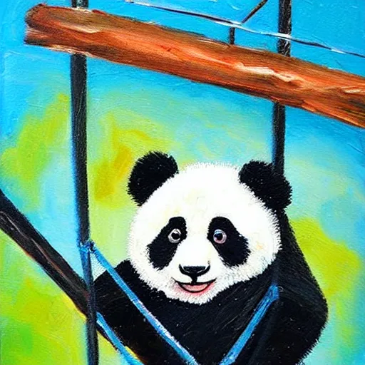 Image similar to beautiful and adorable and cute acrylic! impasto! painting of a sad, crying panda bear on a playground swing