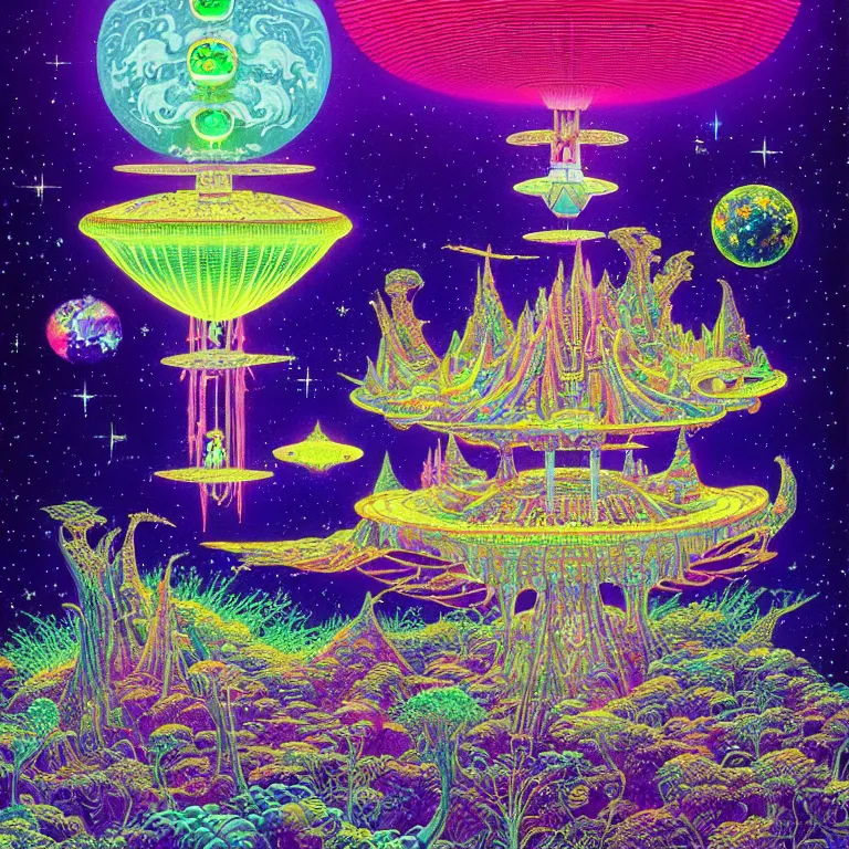 Prompt: mysterious ufo hovering over magical crystal temple, bright neon colors, highly detailed, high resolution, cinematic, hiroo isono, tim white, philippe druillet, roger dean, lisa frank, aubrey beardsley, ernst haeckel