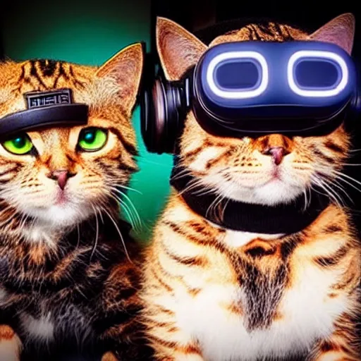 Prompt: cyberpunk kittens wearing vr headsets