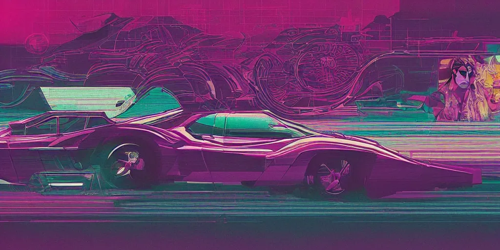 Prompt: vaporwave Ferrari 1970s glitch art, cgsociety, trending on artstation, industrial light and magic, masterpiece