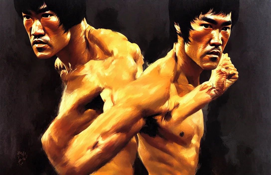 Prompt: portrait of bruce lee!!!!!!!!!!!!!!!!!!!!!!!!!!!, detailed face, detailed painting, epic lighting, by ilya repin, phil hale and kent williams