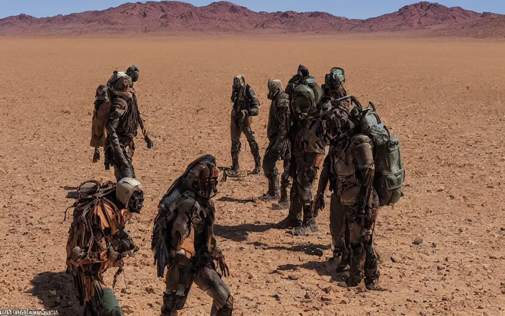 Prompt: in hot red desert a group of five people in dark green tactical gear like death stranding and masks on find a dead horse skeleton in a sandy desert with distant red mesas behind them. They look afraid. dusty, mid day, heat shimmering.