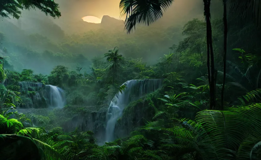 Image similar to a beautiful render of a dark prehistoric rainforest, lush flora, patches of sky, sunset, flying mountains and a waterfall in the background, intricate detail, hazy, humid, volumetric lighting, 8 k, photorealistic, raytracing effects, unreal engine 5