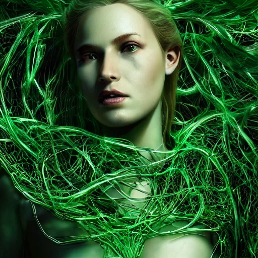 Prompt: a highly detailed digital image of a shattering futuristic woman elegantly tangled in green leafy vines, matte white background by Andrew Chiampo, artstation, and Frederik Heyman, extremely detailed woman, stunning volumetric lighting, hyper realism, fantasy 4k