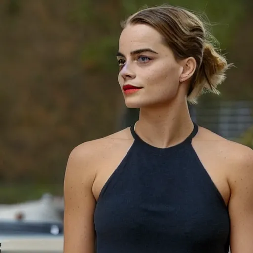 Image similar to a woman who is a genetic combination of margot robbie and emma watson face and upper - body focus