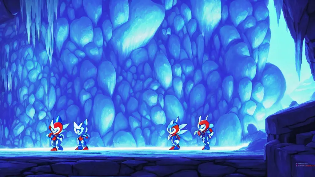 Prompt: megaman zero stage 1 the ice cave, studio ghibli, pixar and disney animation, sharp, rendered in unreal engine 5, highly detailed, digital painting, artstation, hollow knight, smooth, sharp focus, illustration, wide angle, wallpaper, splash art, promo art, dramatic lighting, art by artgerm and greg rutkowski and bo chen and jin xiaodi