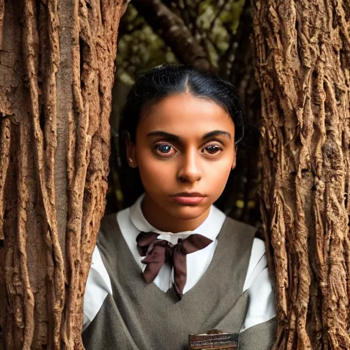 Prompt: hd kodachrome school portrait of shy fully clothed teenage brown - skinned fantasy witch, school uniform, grzegorz rutkowski, symmetry, dramatic lighting, high contrast, elfin beauty, deep dark forest, moody, natasha caine, naomi scott, young female himesh patel, indian prince edward, beautiful, quiet, intelligent, contemplative