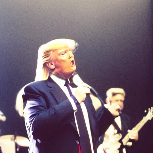 Prompt: photo of donald trump on stage singing in heavy metal band, cinestill, 800t, 35mm, full-HD