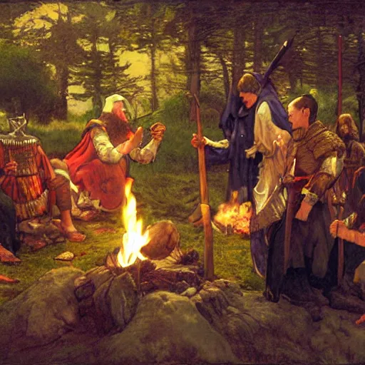 Prompt: a painting of medieval knights toasting marshmallows around the campfire in the style of howard pyle, arthur rackham, alphonse mucha. volumetric lighting. 8 k resolution. best detail. trending on artstation trending on deviantart