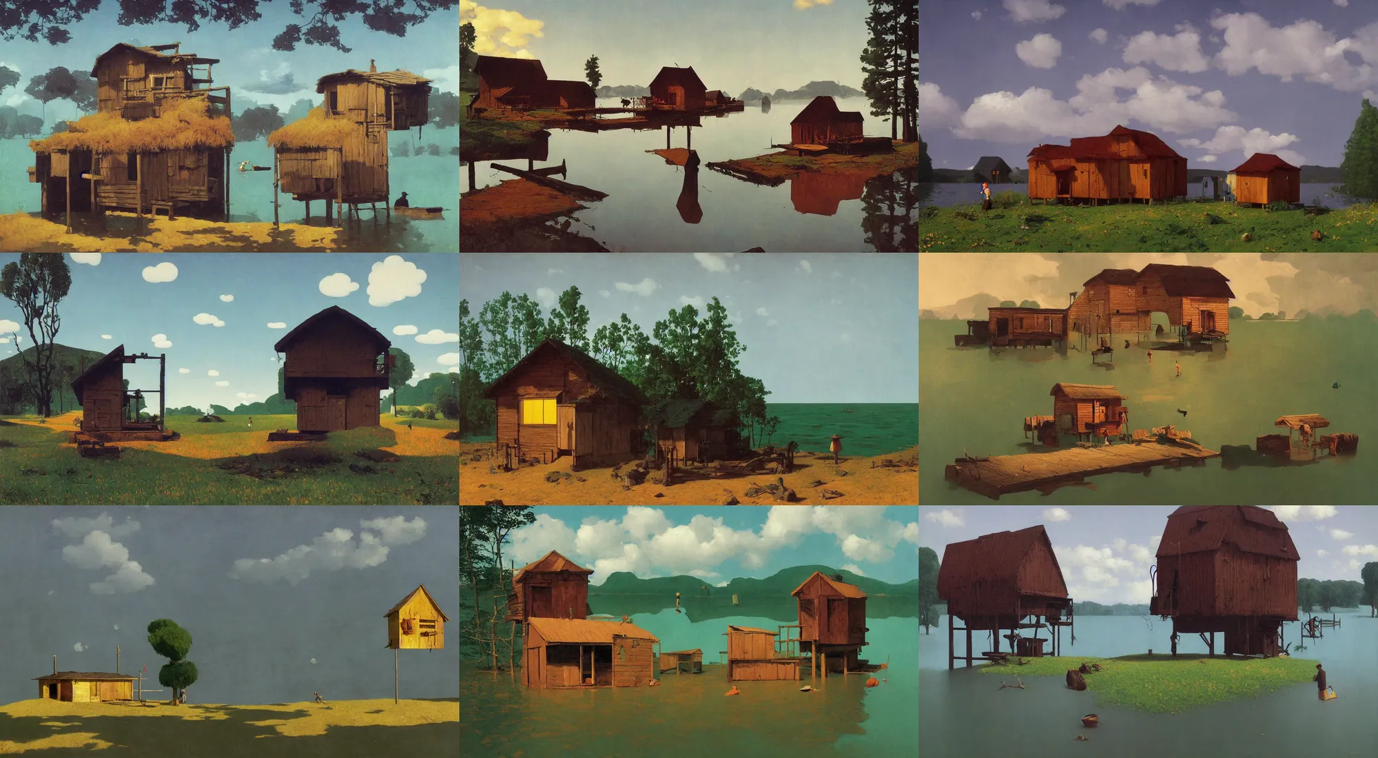 Prompt: single flooded simple wooden hut, very coherent and colorful high contrast!! masterpiece by rene magritte simon stalenhag carl spitzweg syd mead norman rockwell edward hopper james gilleard, minimalist, dark shadows, sunny day, hard lighting