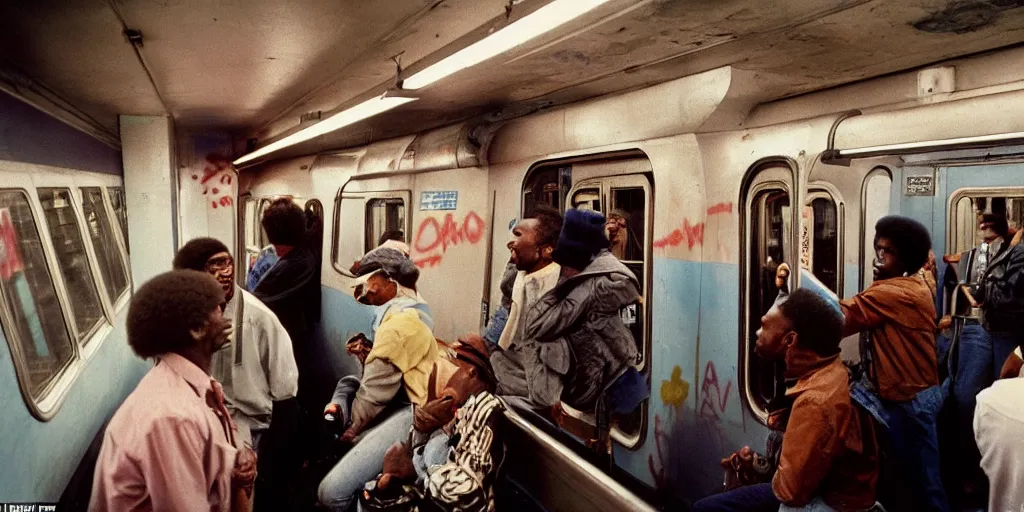 Prompt: new york subway cabin 1 9 8 0 s inside all in graffiti, black guy pulls a gun on another black guy, coloured film photography, christopher morris photography, bruce davidson photography