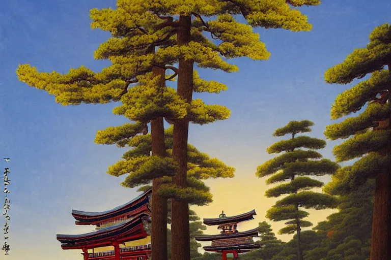 Prompt: a painting in the style of rob gonsalves of a beautiful large shinto shrine with a torii in a natural setting, soft lighting, seasonal weather, on a plateau cliff