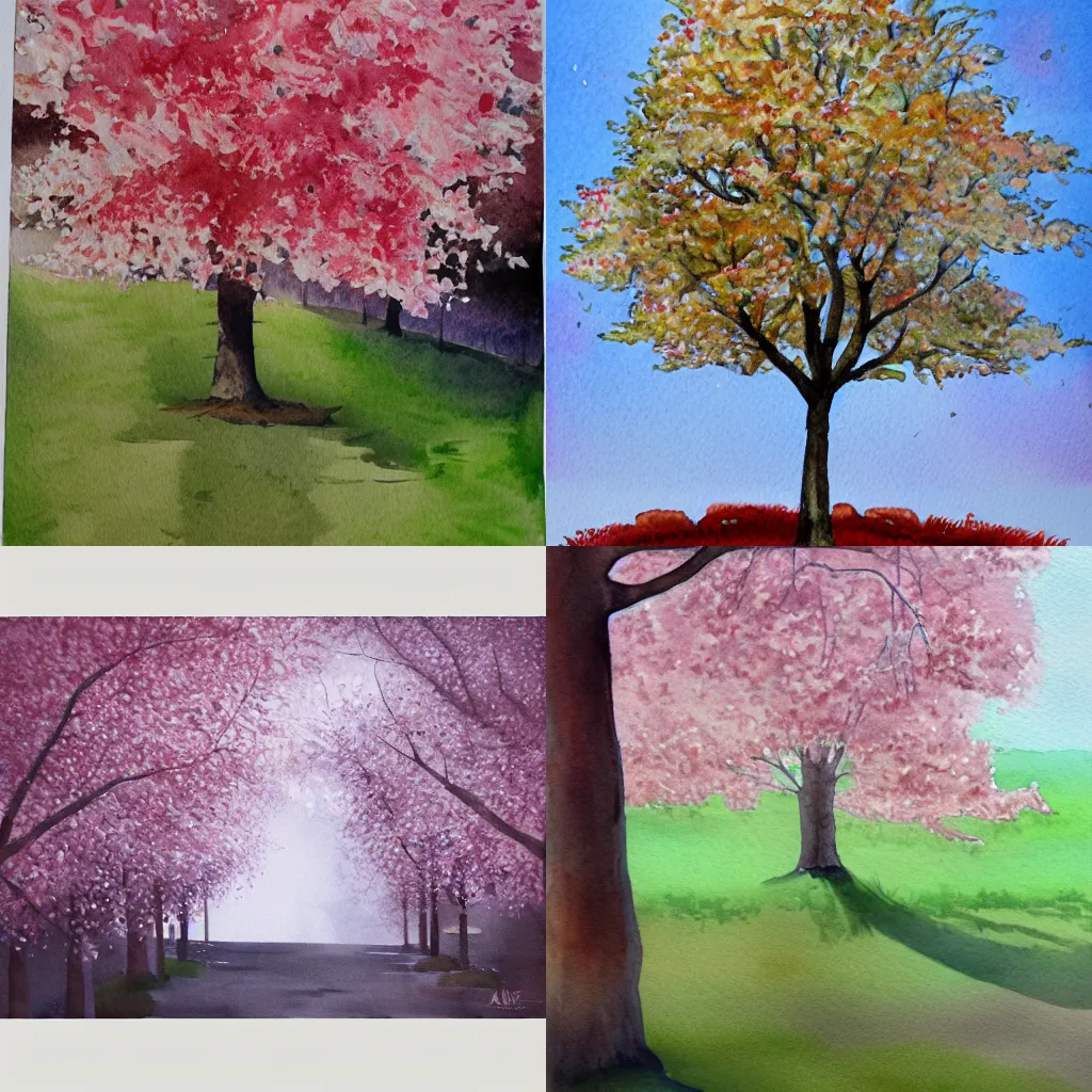 Prompt: A cherry tree, watercolor on canvas, trending on artstation, matte painting