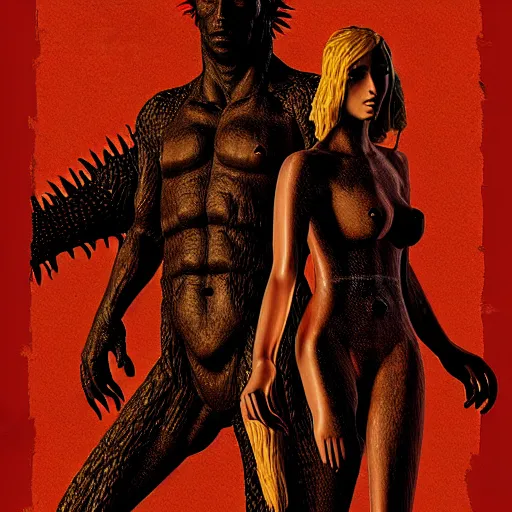 Image similar to adam and eve bigger than godzilla, red dead redemption illustration style, smooth painting, each individual seeds have ultra high detailed, 4 k, illustration, torn cosmo magazine style, pop art style, ultra realistic, underrated, by mike swiderek, jorge lacera, ben lo, tyler west