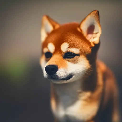 Image similar to close up photo of a tiny shiba inu, cinematic, shallow dof, 3 5 mm, 4 k, macro