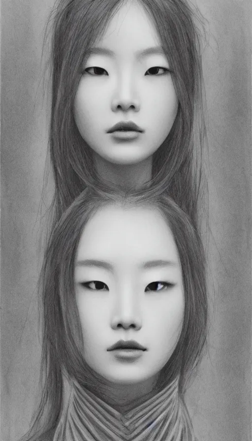 Prompt: model yoon young as the high priestess, by wangjie li, black and white graphite drawing, smooth render, 3 / 4 view