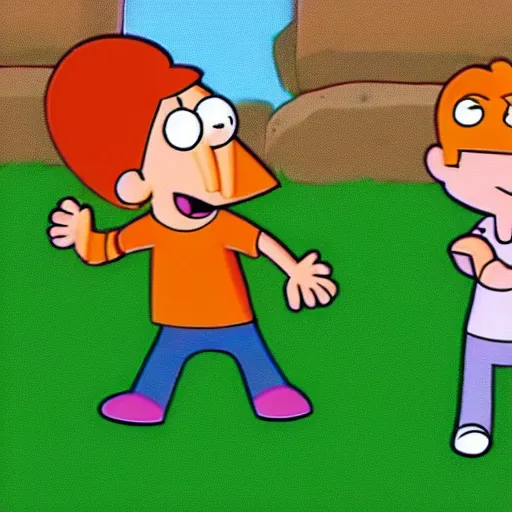 Image similar to phineas and ferb with a round head in cartoon style